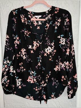 Candie's Black Floral Tie-Front Blouse with Pink and  Teal Accents